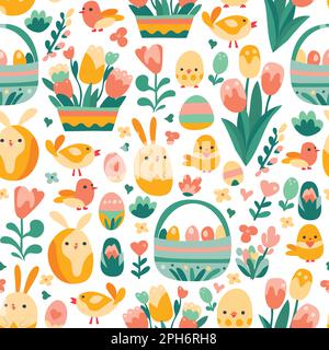 Eine Cartoon-Vektordarstellung des osterthemas nahtloser Musterhintergrund mit ostereiern, osterkaninchen, Frühlingsblumen, Tulpen und mehr. Stock Vektor