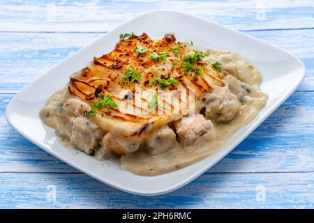 Fischpastete mit Kartoffelpüree, Brotkrumen und Käse, serviert auf einem weißen Teller - blauer Hintergrund Stockfoto