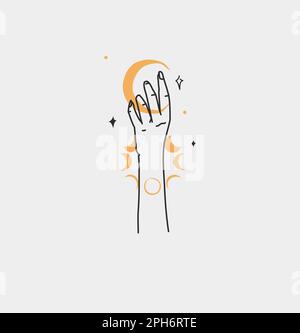 Handgezeichneter Vektor abstrakter Umriss, Grafik, Strichkunst magische menschliche Hand mit Mond- und Sternenlogo in minimalistischem, modernem Stil. Umriss mit Mond- und Sternzeichen Stock Vektor