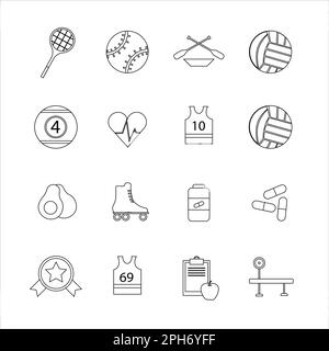 Kollektion von Ikonen mit verschiedenen Sportarten und gesundem Essen im Konturdesign Stockfoto