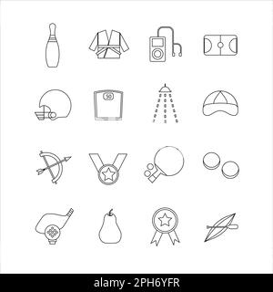 Kollektion von Ikonen mit verschiedenen Sportarten und gesundem Essen im Konturdesign Stockfoto