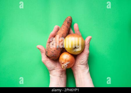 Zwiebeln, Karotten und Apfel schmutzig in den Händen der Großmutter auf dem Tisch, Ernte, Gemüse und Obst Stockfoto