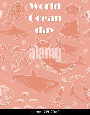 Vektor Ozean Illustration mit Wal, Killerwal, Hai, Pinguin, Schildkröte, Krabbe. Weltmeertag - Moderne Beschriftung. Unterwassertiere. Ökologie Stock Vektor