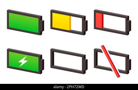 3D Symbolsatz für Batterieladung, Ladezustandsanzeige. Voll, niedrig, leer, wird geladen, entladen. Stilisierte Vektordarstellung. Stock Vektor