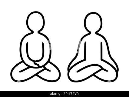 Symbol für Meditationsspielchen. Einfache handgezeichnete Figur, die mit gekreuzten Beinen sitzt, mit Händen auf Knien und im Schoß. Strichgrafiken-Vektordarstellung, minimaler Zen-drain Stock Vektor