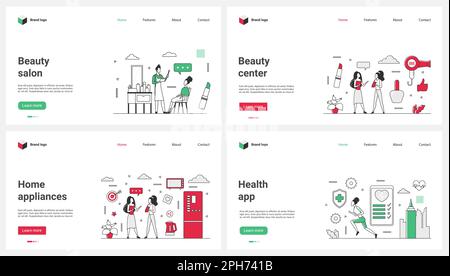 Schönheitssalon, Körper-, Haar- und Hautpflege mit Haushaltsgeräten, Mobile Health App dünner Liniensatz Vektordarstellung. Kleine Cartoon-Leute kontrollieren Gewicht und Sportaktivitäten, Spa-Behandlungen und Make-up Stock Vektor