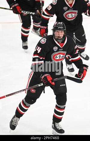 St. Cloud State Huskies Forward Adam Ingram (34) führt das Team auf die Bank, nachdem er während des Meisterschaftsspiels des West Regional NCAA Männer-Eishockeyturniers zwischen den St. Cloud State Huskies und die University of Minnesota Golden Gophers in der Scheels Arena in Fargo, ND, am Samstag, den 25. März 2023. Nummer Eins insgesamt hat Minnesota 4-1 gewonnen und geht in die Frozen Four. Von Russell Hons/CSM Stockfoto