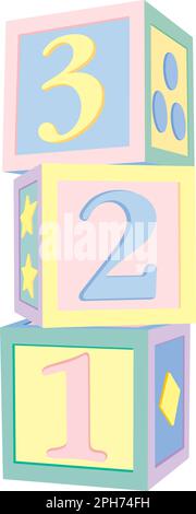 Kinderbausteine 1, 2, 3, vertikal gestapelt und in Pastellfarben gerendert, Stock Vektor