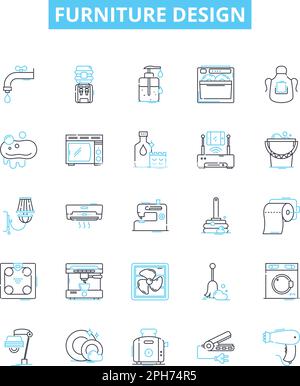 Vektorlinien-Symbole für Möbeldesign eingestellt. Möbel, Design, Polsterung, Stuhl, Tisch, Sofa, Querschnittsdarstellung, Konzeptsymbole und Schilder Stock Vektor