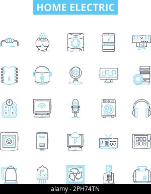 Symbole für elektrische Vektorlinien für Zuhause eingestellt. Geräte, Heizung, Beleuchtung, Luft, Lüfter, Verdrahtung, Steckerabbildung umreißt Konzeptsymbole und Schilder Stock Vektor