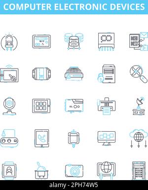 Vektorliniensymbole für elektronische Geräte von Computern eingestellt. Laptop, Desktop, Monitor, Drucker, Tastatur, Maus, Routerdarstellung umrissen Konzeptsymbole und Stock Vektor