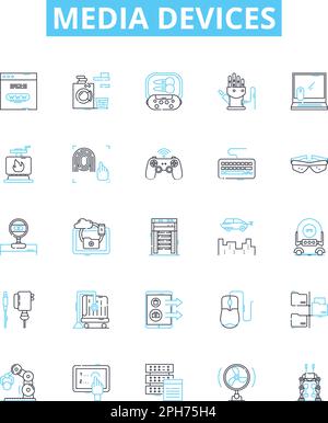 Vektorlinien-Symbole für Mediengeräte festgelegt. Geräte, Medien, Fernsehen, Radios, Lautsprecher, Drucker, Computerabbildung umreißt Symbole und Schilder Stock Vektor
