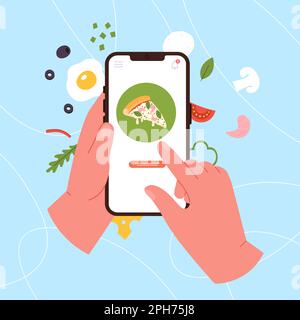 Auswahl und Bestellung von Speisen in der mobilen App. Lieferpizza, rohe Zutaten und Waren. Moderner Lifestyle, Person wählt Mahlzeit auf Smartphone, Vektorkonzept Stock Vektor