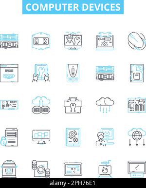 Vektorliniensymbole für Computergeräte eingestellt. Laptop, Desktop, Monitor, Drucker, Tastatur, Maus, Scanner Abbildung umrissen Konzeptsymbole und -Zeichen Stock Vektor
