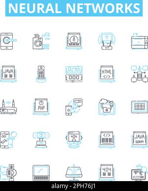Neuronale Netzwerke, Vektorliniensymbole gesetzt. Neuronen, Netzwerke, Lernen, KI, Gewichte, Synapsen, Deep Illustration umreißen Konzeptsymbole und -Zeichen Stock Vektor