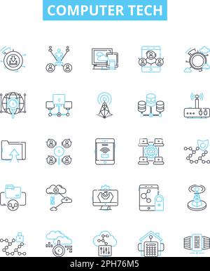 Computertechnikliniensymbole gesetzt. Computer, Technik, Netzwerke, Programmierung, Software, Hardware, Abbildung zur Cybersicherheit umreißt Konzeptsymbole Stock Vektor