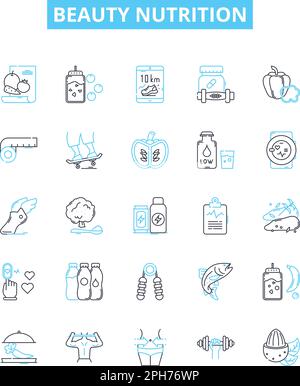 Symbole für Kosmetiknahrung-Vektorlinien eingestellt. Ernährung, Ernährung, Schönheit, Gesundheit, Vitamine, Mineralien, Proteine Illustration umreißt Konzeptsymbole und -Zeichen Stock Vektor