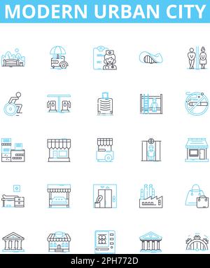 Moderne urbane Vektorliniensymbole. Urban, Modern, City, Wolkenkratzer, Metropolis, U-Bahn, Menschenmassen zeigen Symbole und Schilder Stock Vektor