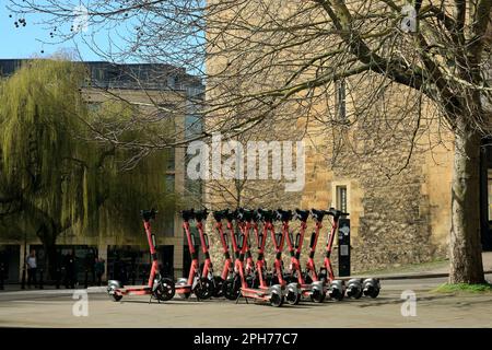Motorrollerverleih. Viele elektrische Roller parken auf dem Bürgersteig, Bath. Aufgenommen Am 2023. März. Zyl Stockfoto