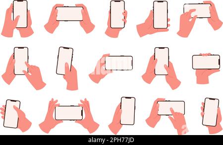 Hände halten Smartphones. Touchscreen des Smartphones, vertikale und horizontale leere Geräteschablonen. Hand macht Selfie, Wisch, Finger drücken Razzia Vektor Stock Vektor