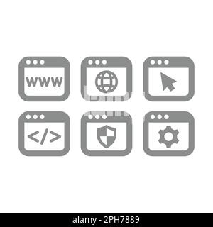 Webseite mit www und Symbolsatz für Codierungsvektor. Website, Browserfenster, gesichert und Pfeilsymbole. Stock Vektor