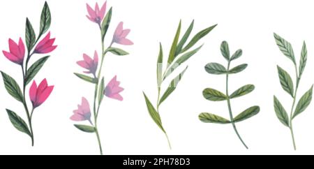 Set mit wunderschönen handgezeichneten Brunch mit Blättern und Blumen im Retro-Stil. Stock Vektor