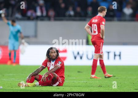 Luxemburg, Luxemburg. 26. März 2023. Die luxemburgischen Spieler sehen nach einem Fußballspiel zwischen den luxemburgischen und portugiesischen Nationalmannschaften am Sonntag, dem 26. März 2023, in Luxemburg-Stadt, dem zweiten (von 8) Qualifikationsspiel zur Euro 2024, deprimiert aus. BELGA FOTO BRUNO FAHY Kredit: Belga News Agency/Alamy Live News Stockfoto