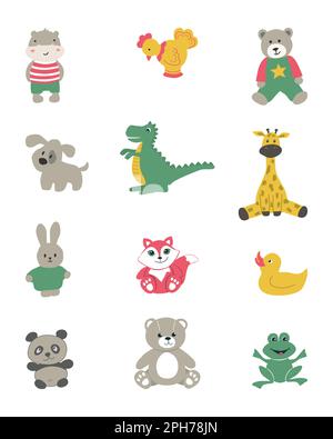 Spielzeug isoliert auf weißem Hintergrund. Es gibt Anima. l Spielzeuge im Bild: Nilpferd, Teddybär, Giraffe, Dinosaurier, Hund, hase Stock Vektor