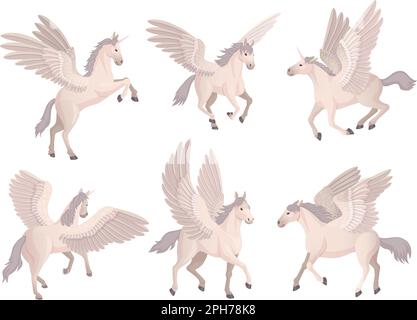 Fliegender pegasus. Mystisches Karikaturenpferd mit Flügeln, magische Pferde, die laufen, Animation, märchenhaftes Einhorn-Tiermärchen in den Wolken, geniale Vektordarstellung des pegasus Mythologie Säugetierdesigns Stock Vektor