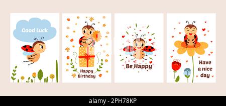 Marienkäfer-Karten, Marienkäfer-Print-Poster. Süßer, lustiger Käfer, der auf einer Blume sitzt. Sommer-Babyfiguren, hübsche Cartoon-Insekten. Klasse-Vektor für Kinder Stock Vektor