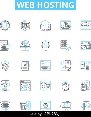 Die Vektorliniensymbole für Web Hosting wurden festgelegt. Hosting, Web, Website, Cloud, Domänen, Server, Datendarstellung umreißt Konzeptsymbole und -Zeichen Stock Vektor