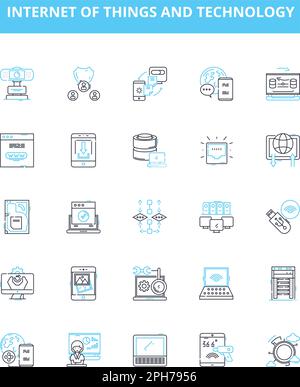 Symbole für das Internet der Dinge und die Vektorlinien der Technologie gesetzt. IoT, Technologie, Konnektivität, Automatisierung, Wearables, Sensoren, Künstliche Intelligenz Stock Vektor