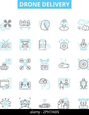 Drohnen-Vektorlinien-Symbole gesetzt. Drohne, Lieferung, Luftfahrt, Autonom, Versand, Darstellung von Service und Logistik zeigt Konzeptsymbole und -Schilder Stock Vektor