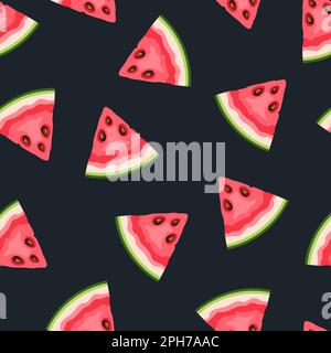 Nahtloses Muster mit Wassermelonen-Fruchtscheiben auf schwarzem Hintergrund. Vektordarstellung Stock Vektor