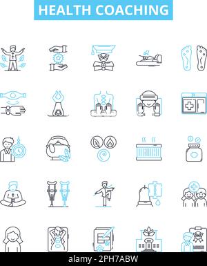 Vektorlinien-Symbole für Health Coaching festgelegt. Wellness, Ernährung, Coaching, Bewegung, Gesund, Gewohnheiten, Diät-Illustration umreißen Konzeptsymbole und -Zeichen Stock Vektor