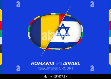 Ikone Rumänien gegen Israel für Qualifikation zum europäischen Fußballturnier, Gruppe I. Wettbewerbssymbol im stilisierten Hintergrund. Stock Vektor