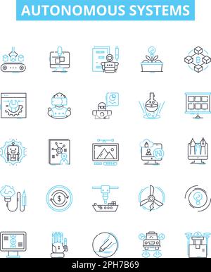 Vektorliniensymbole für autonome Systeme gesetzt. Autonom, Systeme, Robotik, KI, unbemannt, Lernen, Intelligente Illustration umreißen Konzeptsymbole und Stock Vektor