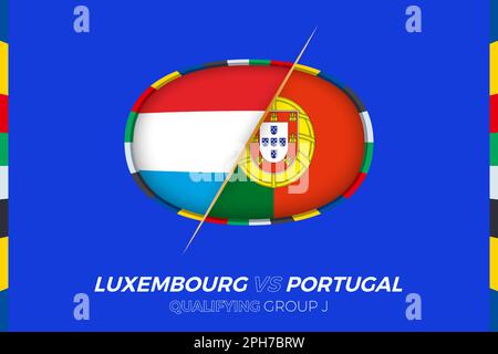 Symbol Luxemburg gegen Portugal für Qualifikation zum europäischen Fußballturnier, Gruppe J. Symbol des Wettbewerbs im stilisierten Hintergrund. Stock Vektor