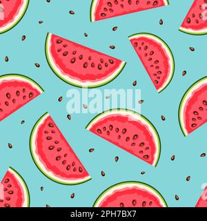 Nahtloses Muster mit Wassermelonenscheiben auf blauem Hintergrund. Vector Summer nahtloser Hintergrund Stock Vektor