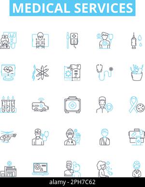 Vektorliniensymbole für medizinische Dienste gesetzt. Medizin, Gesundheit, Behandlung, Chirurgie, Pflege, Tests, Krankenhäuser Illustration umreißen Konzeptsymbole und Zeichen Stock Vektor