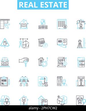 Symbole für Grundstücksvektorlinien festgelegt. Immobilien, Investitionen, Makler, Hypotheken, Grundstücke, Haus, Leasing Illustration umrissen Konzeptsymbole und Schilder Stock Vektor