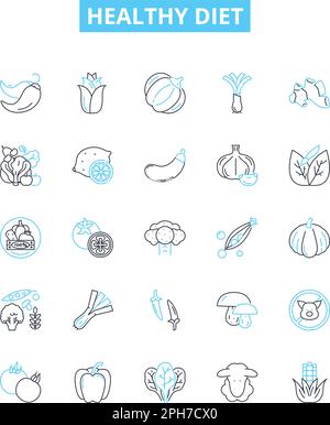 Gesunde Ernährung Vektorlinien Symbole gesetzt. Ernährung, Gesund, Ernährung, Obst, Gemüse, Vollprodukte, schlanke Illustration umreißen Konzeptsymbole und -Zeichen Stock Vektor