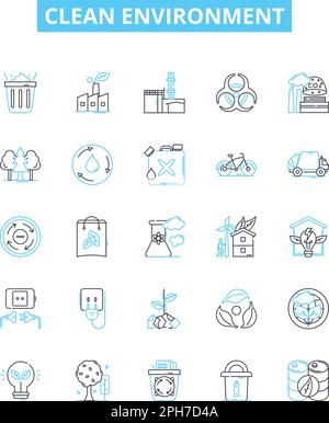 Symbole für saubere Umgebungsvektorlinien festgelegt. Umwelt, Sauberkeit, Verschmutzung, Konservierung, Wiederverwendung, Wiederverwertbare, erneuerbare Illustrationskonzepte Stock Vektor