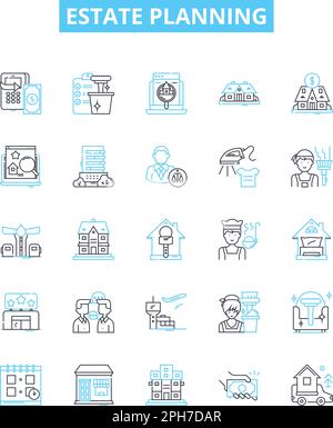 Symbole für Vektorlinien der Immobilienplanung festgelegt. Nachlass, Planung, Anwalt, Will, Probate, Trusts, Steuerabbildung umreißen Konzeptsymbole und -Zeichen Stock Vektor
