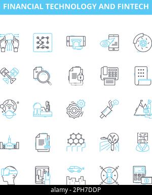 Symbolgruppe für Vektorlinien für Finanztechnologie und FinTech. FinTech, Finanzen, Technologie, Bankwesen, Zahlungen, Blockchain, Kryptowährung-Illustration Stock Vektor