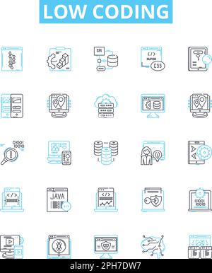 Symbole für niedrige Kodierungsvektorlinien eingestellt. No-Code, Visual, Declarative, Automation, Platform, Anwendung, Mobile Illustration umrissene Symbole und Stock Vektor