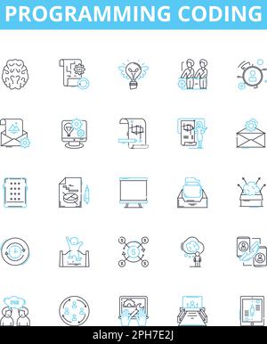 Programmieren der Codierung der Vektorliniensymbole eingestellt. Programmierung, Programmierung, Skripterstellung, Programmiersprache, Programmierkenntnisse, Codierungsalgorithmen, Codierungsstruktur Stock Vektor