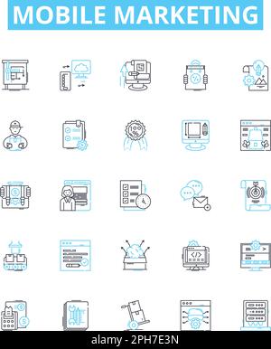 Symbole für Vektorlinien für mobiles Marketing festgelegt. Mobil, Marketing, Werbung, Branding, SMS, Die Darstellung von Apps, Werbeaktionen zeigt Symbole und Schilder Stock Vektor