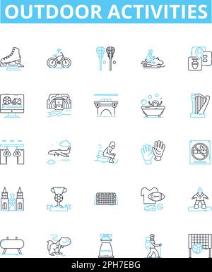 Vektorlinien-Symbole für Aktivitäten im Freien festgelegt. Wandern, Camping, Kajakfahren, Klettern, Radfahren, Schwimmen, Schneeschuhwandern Illustration umrissen Konzeptsymbole und Stock Vektor
