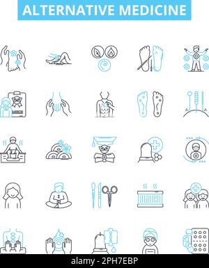 Symbole für alternative Medizin-Vektorlinien gesetzt. Ganzheitlich, Naturheilkunde, Homöopathie, Akupunktur, Ayurveda, Reiki, Aromatherapie-Illustrationskonzept Stock Vektor